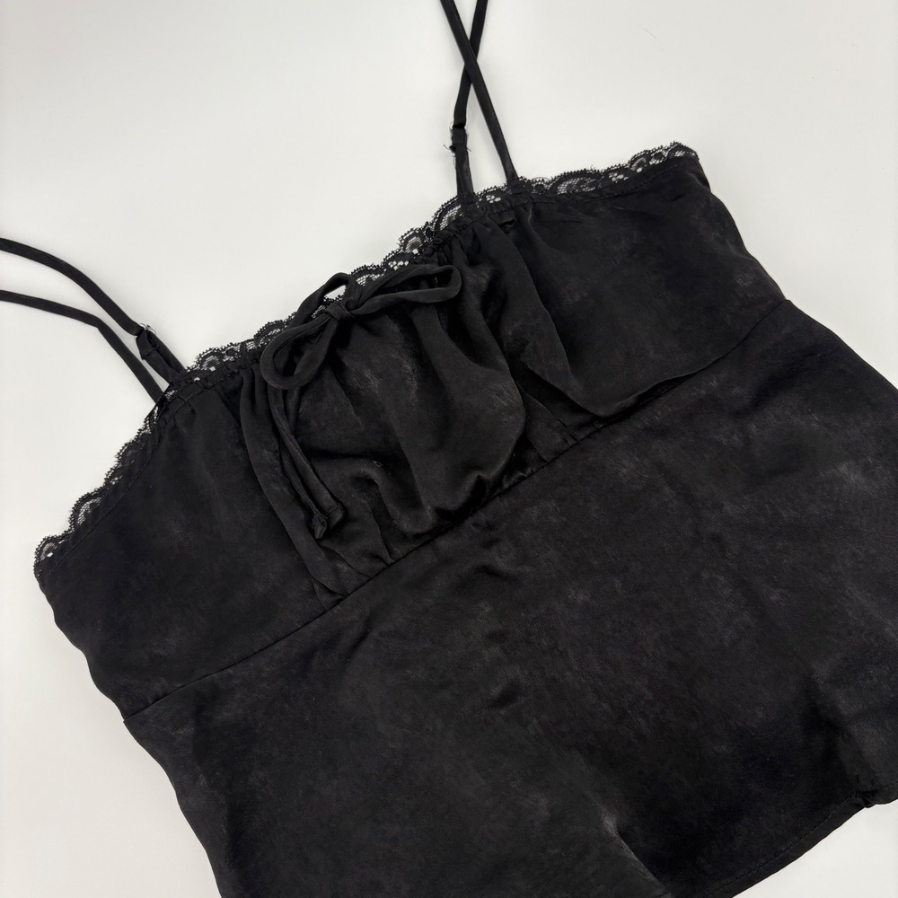 No Boundariesโ Black Satin Lace Trim Cami Top Sz S Small Peplum Bow Smocked Back
